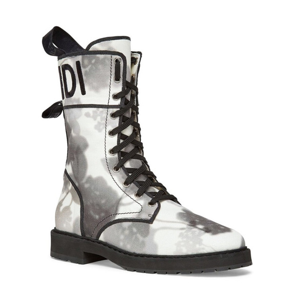 Fendi Black Grey White Tie Dye Canvas Lace Up Tie Logo Combat Biker Boot 38.5 - Picture 5 of 12